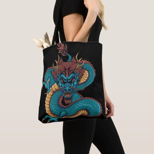 Tote Bag dragon chinois bleu (De près)