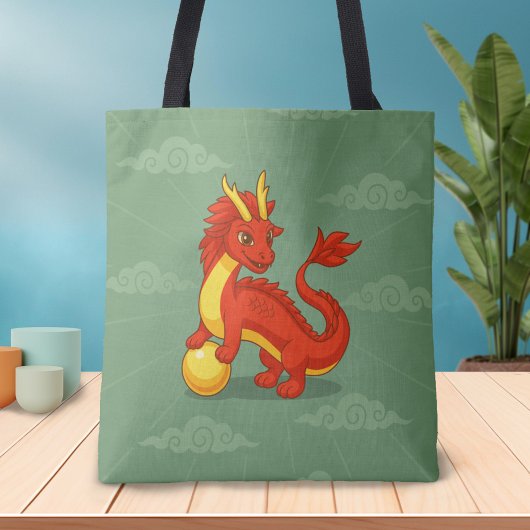 Tote Bag Dragon Chinois Rouge sur Fond Vert