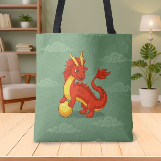 Tote Bag Dragon Chinois Rouge sur Fond Vert