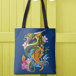 Tote Bag Dragon chinois vert Koi