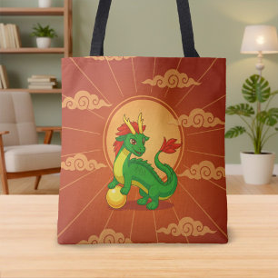Tote Bag Dragon Chinois Vert sur Fond Rouge