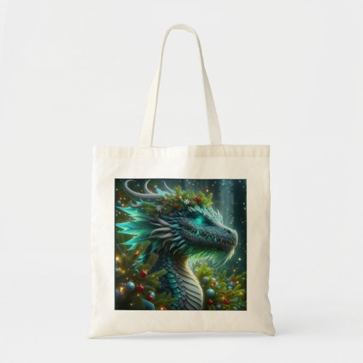 Tote Bag Dragon de Noël Turquoise Magique (Devant)