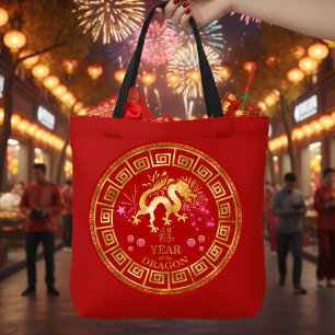 Tote Bag Dragon du Zodiaque Chinois Rouge/Or ID542