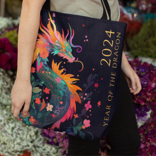 Tote Bag Dragon moderne chinois Nouvel An Monogramme Floral