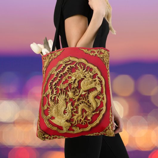 Tote Bag Dragon Phoenix Red Gold Mariage chinois