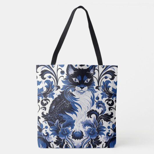 Tote Bag Dramatic Blue Art Deco Cat Large Shoulder Tote (Devant)