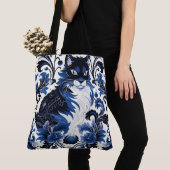 Tote Bag Dramatic Blue Art Deco Cat Large Shoulder Tote (De près)