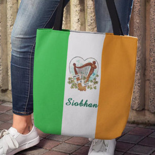Tote Bag Drapeau irlandais et harpe vintage et trèfle perso