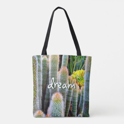 Tote Bag Dream Script Fuzzy Green Cactus Photo Succulent (Dos)