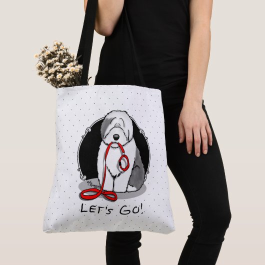 Tote Bag Drôle Allons-y ! Walk Old English Sheepdog (Gris 1 (De près)