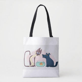 Tote Bag Drôle chat caricature, Poisson d'or, Chien