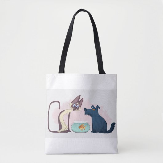 Tote Bag Drôle chat caricature, Poisson d'or, Chien (Devant)