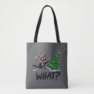 Tote Bag Drôle Chat Noir Poussant Arbre De Noël Chat Quoi ?