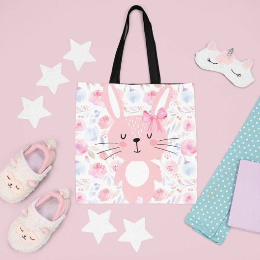 Tote Bag Drôle lapin rose floral