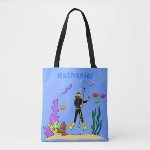 Tote Bag Drôle plongeur et poisson mer créatures dessin ani