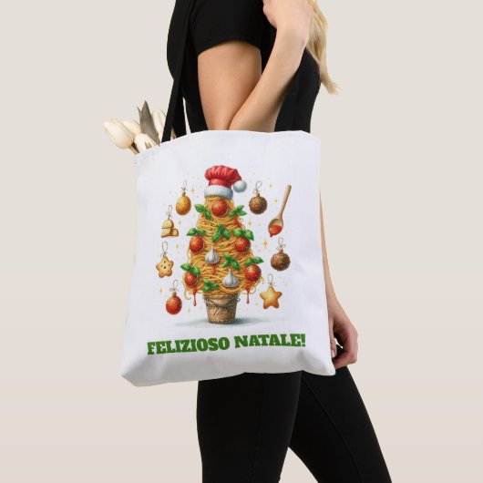 Tote Bag Drôle Spaghetti Arbre de Noël Delizioso Natale! (De près)