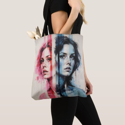 Tote Bag Dualité Rouge et Bleue - Portraits jumeaux dans Ab (De près)