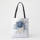 Tote Bag Dusty Blue Navy Champagne Ivory Floral Mariage (Devant)