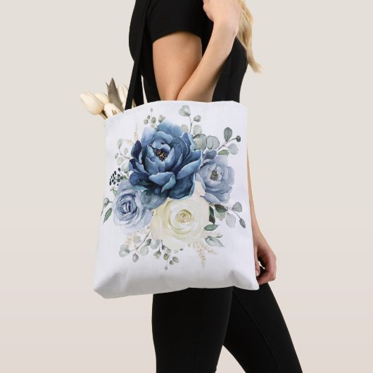 Tote Bag Dusty Blue Navy Champagne Ivory Floral Mariage (De près)