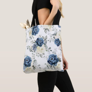 Tote Bag Dusty Blue Navy Champagne Mariage floral ivoire To