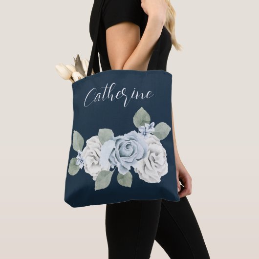 Tote Bag Dusty Blue One Side Script Nom personnalisé Boho (De près)