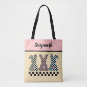 Tote Bag Easter Bunny Checkerboard Pink Green Yellow Name (Devant)