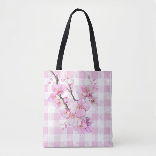 Tote Bag Eau rose cerisier fleurs plaid en vichy (Devant)