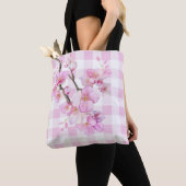 Tote Bag Eau rose cerisier fleurs plaid en vichy (De près)