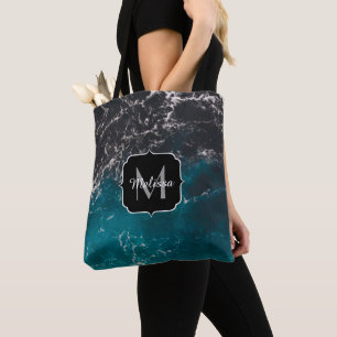 Tote Bag Eau sombre noir bleu mousse ondulée Monogramme