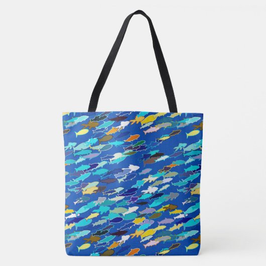 Tote Bag École de poisson, bleu foncé, blanc et turquoise (Devant)