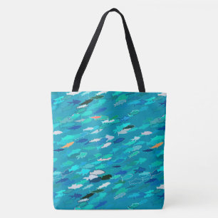 Tote Bag École de Poissons, Turquoise, Bleu et Aqua