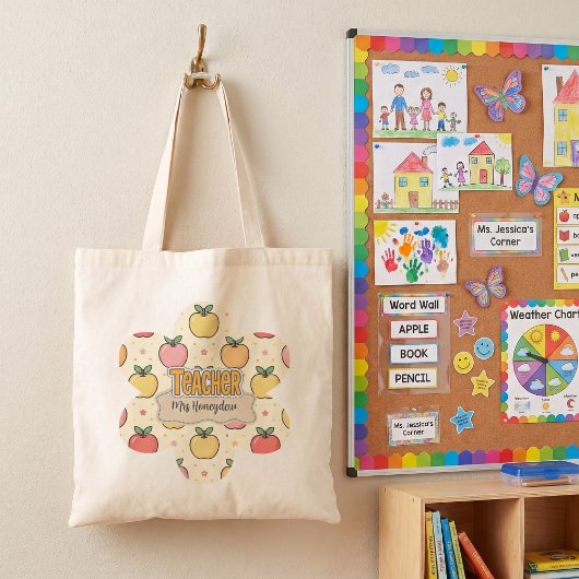 Tote Bag École de professeur jaune motif pomme