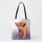Tote Bag Écossais Highland Vache Calf Violet Fleurs sauvage (Devant)