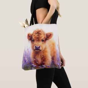 Tote Bag Écossais Highland Vache Calf Violet Fleurs sauvage