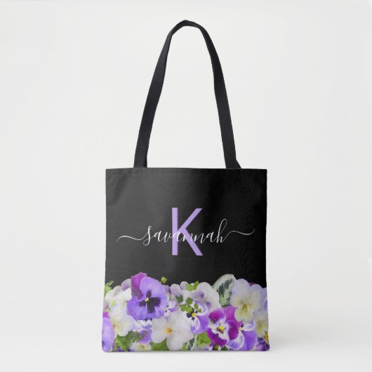 Tote Bag Écriture de floraux noir violet violet monogramme (Devant)