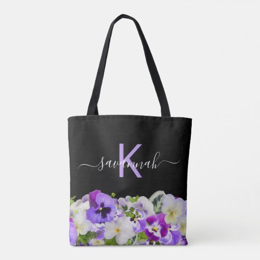 Tote Bag Écriture de floraux noir violet violet monogramme (Dos)