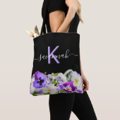 Tote Bag Écriture de floraux noir violet violet monogramme (De près)