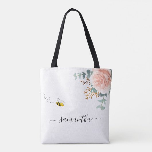 Tote Bag Écriture de nom floral rose d'abeille (Dos)
