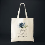Tote Bag écriture élégante marine bleu floral demoiselle d'<br><div class="desc">calligraphie simple script aquarelle marine bleu floral domestique femme d'honneur mariage sac fourre-tout</div>