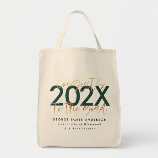 Tote Bag écriture moderne verte et or design graduation (Devant)