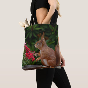 Tote Bag Écureuil rouge et blanc avec la Fleur rouge Bush