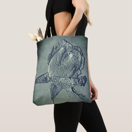 Tote Bag Effet Sculpte Fleur de Rosier Argentée (De près)