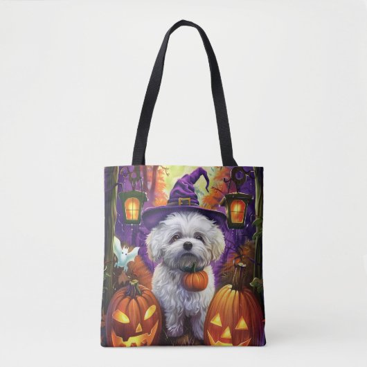 Tote Bag Éffrayant Bichon Frise Halloween sorcière et Citro (Devant)