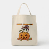 Tote Bag Éffrayant Cute Chibi Chat et Halloween Citrouille (Dos)