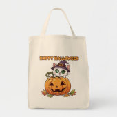 Tote Bag Éffrayant Cute Chibi Chat et Halloween Citrouille (Devant)