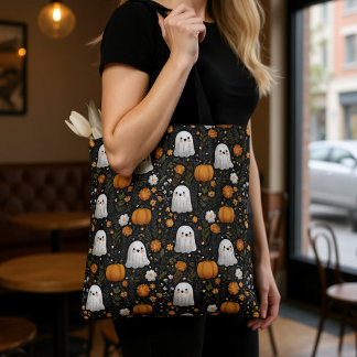 Tote Bag Éffrayant Cute Ghost & Motif Citrouille Halloween