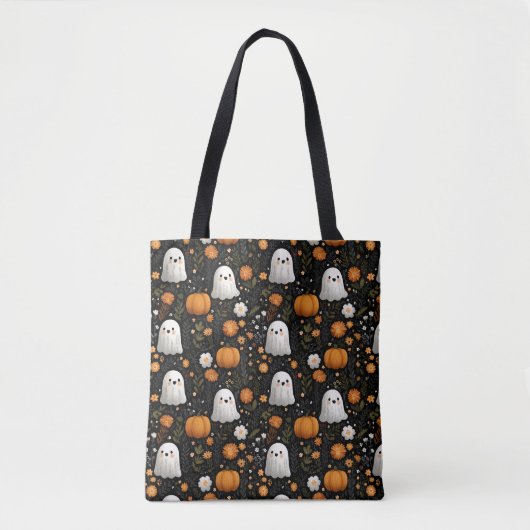 Tote Bag Éffrayant Cute Ghost & Motif Citrouille Halloween (Devant)