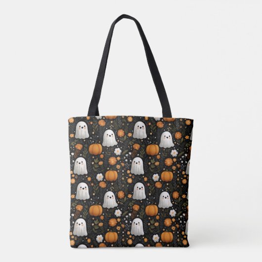 Tote Bag Éffrayant Cute Ghost & Motif Citrouille Halloween (Dos)