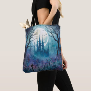 Tote Bag Éffrayant Haunted Castle Pleine lune Bleu Hallowee