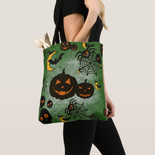 TOTE BAG ÉFFRAYANT VERT HALLOWEEN CITROUILLE LUNES BATS